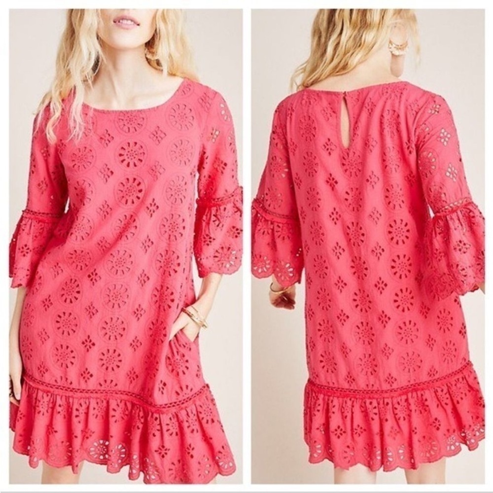 Anthropologie Dani Pink Eyelet Mini Tassle Tunic Silhouette Dress Beaded XS N23